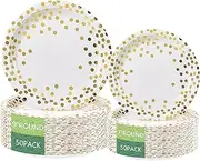 Round Disposable Paper Plates for All Occasions Golden Dots Paper Plates - 100 Pack - 50 x 9" and 50 x 7" Dinner Plates, Foil Polka Dots Disposable Paper Plates White and Gold Party Supplies Plates