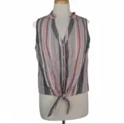 NWT Drew Small S Sleeveless Tie Front Vertical Stripe Top Linen V-Neck Button