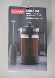 Bodum Kenya Set Glass French Press 8 Cup, 34 oz Coffee Maker & Milk Frother~New!