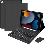 iXTRA Keyboard Case for iPad 10.2" 9th/8th/7th Gen, for iPad Air 3rd Gen and Pro 10.5", Detachable Keyboard Slim Leather Folio Cover with Wireless Bluetooth Mouse Pencil Holder, Black