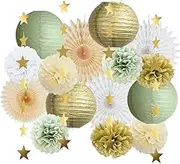 FETETIJD Sage Green Party Decorations Paper Lanterns Decorative Tissue Paper Pom Poms Sage Green Gold & White Party Decorations with Gold Star Garland for Baby Shower Bridal Shower Birthday Wedding