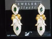 Swarovski Dangle Clip Earrings Emerald Stones/Pave Crystals/Gold Bow Signed New!