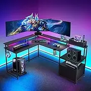 Luxsuite Gaming Desk with Storage L Computer Desk with LED Lights Home Office Corner Desk with Side Table Monitor Stand & CPU Stand Storage Bag Headphone Hook Cup Holder Type C & USB Charging Port