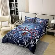 Manfei Spider Web Kids Duvet Cover 100% Cotton Full Size,Red Black Spider Arachnid Insect Animal Girls Boys Bedding Set,Happy Halloween Gothic Blue Fashion Quilt Cover,2 Pillowcases(No Comforter)