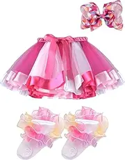 [BGFKS] Girls Layered Tulle Rainbow Tutu Skirt Sets,Toddler Girl Skirt with Linging,Hairbow and Socks.