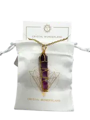 Amethyst Double Pointed Terminated Crystal Pendant Necklace Gold Healing