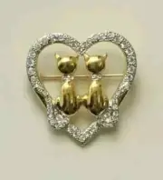 Real Moissanite 2.40Ct Round Cut Couple Cat Brooch Pin 14k Yellow Gold Plated