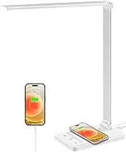 weareok Desk Lamp LED Dimmable Desk Lamp 5 Colours and 6 Brightness Levels Eye-Friendly Bedside Lamp 10 W QI Wireless Charging and USB Connection Smartphones Bedside Lamp (White)