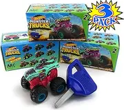 Hot Wheels Monster Trucks Mini Mystery Trucks with Key Launcher Series 2 Blind Box Gift Set Party Bundle - 3 Pack