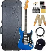 Fender American Ultra II Stratocaster - Noble Blue Bundle with Case, Strap, Cable, Hat, and Guitar Cleaning Kit