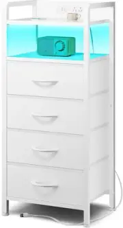 Night Stand Bedside Table Bedroom - Nightstand with Charging 4 Drawers, White