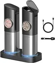 Ultrean Gravity Electric Salt and Pepper Grinder Set, Adjustable Fineness, USB Rechargeable with Dual Charging Base, One Handed Operation, Stainless Steel Construction, Auto Dust Lids, LED Light