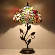 Tiffany Table Lamp Stained Glass Desk Light with Metal Leaf Base Purple Grape