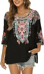 [Higustar] Mexican Embroidered Tops for Women Bohemian 3/4 Sleeve Shirt Boho Floral Peasant Tunic Blouse