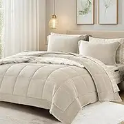 AMBERSPACE Plush Queen Comforter Set Bed in a Bag, Ivory Flannel Velvet Comforter Sets 7 Pieces, Soft Warm Bedding Set with Comforter, Fitted&Flat Sheets, Pillowcases&Shams
