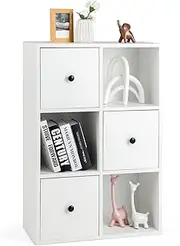 Costway Storage Cabinet w/ 6 Compartment, Free-Standing Bookshelf w/ 3 Cubes & 3 Drawers, Wood Bookcase w/Anti-toppling Device, 3-Tier Home Storage Unit Organizer (White)