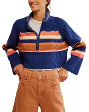 Free People Striped Greta Half Zip Sweater