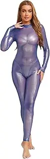 [Jhaoyu] Womens Shiny Metallic Full Body Unitard Long Sleeve Long Pants For Adult Clubwear Dance Leotard