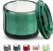 [KooK] Glass Salt Cellar, with Lid, Embossed Pressed Glass, Clear Storage Container, for Coffee, Sugar, Spices and Candies, Dishwasher Safe, 10 oz (Emerald Green)