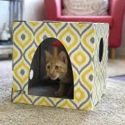 Meow Yellow Cat House with Scratcher, Cat Condo, Cardboard Cat Playhouse