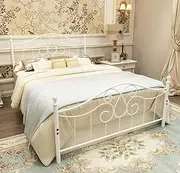 YERPERFO Metal Queen Bed Frame with Headboard and Footboard Farmhouse Platform Bed Frame Queen Size Under Bed Storage No Box Spring Needed and Easy Assembly(Queen, White)