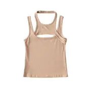 Mock Two-Piece Cutout Plain Ribbed Crop Tank Top Khaki - S