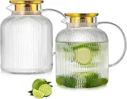 [Buaic] 2 Pack 68 OZ Glass Pitcher with Lid and Spout, 2L Large Vertical Stripes Water Pitcher ribbed Borosilicate Glass Fridge Water Carafe for Cold Brew, Coffee, Lemonade, Sun Tea,Heat Resistant