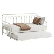 Oikiture Trundle Bed Frame Daybed Single Size Base Metal Single Beds x2 Beige