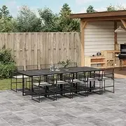 11 Piece Black Patio Garden Dining Set with Cushions - PE Rattan Outdoor Furniture Table and 10 Chairs, Elegant Tempered Glass, Space-Saving Storage, Comfortable Cushions