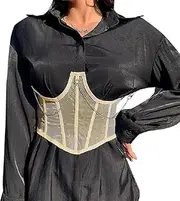 [Generic] Mesh See Through Bustier Lace Up Boned Corset Bodyshaper Crop Top Underbust Waist Cincher Wide Belt for Women