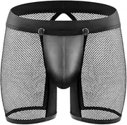 [Oludkeph] Men's Lingerie Panties Hollow Out Hot Mesh Underwear Faux Leather G-String Thongs Removable Pouch
