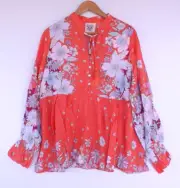 New Dreamcatcher Top 12 L Womens Boho Coral Floral Rayon Peplum Tassel Resort