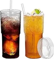 HIYAA 2PCS Glass Cups with Lids and Straws, 20OZ Iced Coffee Cups, Stylish Sunflower Design, Home Essential and Coffee Bar Accessories, Drinking Glasses for Iced Coffee Cups, Juice, Smoothies