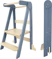 HARPPA Toddler Learning Tower, Kids Kitchen Step Stool Foldable Toddler Kitchen Tower with 3 Adjustable Heights, Suitable Age for 1.5-6 Years, Montessori Standing Tower (Grey)
