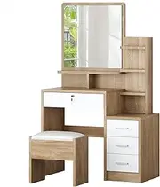 ALFORDSON Makeup Vanity Desk with 4 Storage Drawers, Mirror and Chair, Dressing Table Stool Set Dresser Organiser for Dressing Room, Wood White Colour
