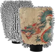 XYMZR Chinese Dragon Retro Absorbent Microfiber Car Wash Mitt, Funny Cute Anime Scratch Free for Cars Cleaning, Home Cleaning Mitts, 2 Pack, 10.24” L x 7.09” W