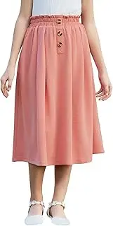 [GORLYA] Girls Boho Paper Bag Elastic Waist Long Swing Casual Vintage Button Front Maxi Skirt for 6-14Y