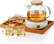 Sliner 9 Pcs Tea Set Glass Teapot, 33.8 oz Clear Glass Tea Kettle with Infuser 6 Pcs Insulated Cups Ceramic Teapot Warmer Wooden Bamboo Serving Tray(Novelty)
