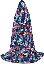 SKKNT Floral Blue Print Halloween Hooded Cloak Full Length Cape With Hood For Men And Women For Carnival