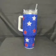 Red White & Blue Rhinestone Star Print Handled 40oz Thermos Tumbler