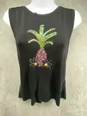 Lucia Burns Black Knit Top Sequin Embellished Pineapple Sleeveless Sz Large NWT