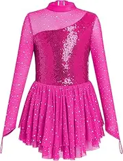 [IBAKOM] Figure Skating Dress Girl Sparkly Sequin Mock Neck Toddler Ice Skating Rhythmic Gymnastics Leotard with Chiffon Skirt