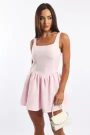 Pink Mini Dress Square Neck Tweed Fabric - Size 16XL, Women's Skater Dress