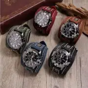 Men Punk Quartz Cuff Watch Wristwatch Military Retro Genuine-Leather Strap Watch