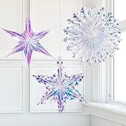 3PCS Iridescent Decoration Ornaments Hanging Decorations, Iridescent Snowflakes Fan, Starry Snowflake, Hexagram Stars Garland for Home Decorations Wedding Birthday Christmas Parties, Vomika