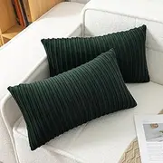 UGASA Velvet 12x20 Inch Lumbar Soft Throw Pillow Covers Decorative Striped Corduroy Both Sides Rectangular Cushion Cases Boho Farmhouse for Couch Bedroom Sofa Home, Pack of 2, Dark Green