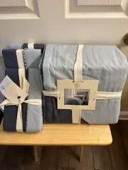 Southern Living DUO Blue Fringed Reversible King Duvet Cover & Euro Shams Set 4P
