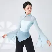 Lady Solid Mesh Sheer Classical Dance Top Flared Thin No Bottoming Shirt Autumn