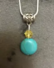 Handmade Howlite Turquoise Gemstone Yellow Crystal Pendant On Silver Snake Chain