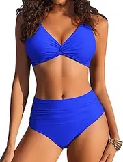 [AI'MAGE] High Waisted Bikini Sets Two Piece Tummy Control Swimsuits V Neck Summer Beach Swim Bathing Suits S-XXL, Snorkel Blue, Large